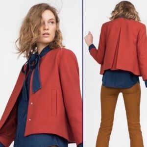 ZARA Back Kick Pleat Blazer Swing Jacket Collarless Cropped Orange